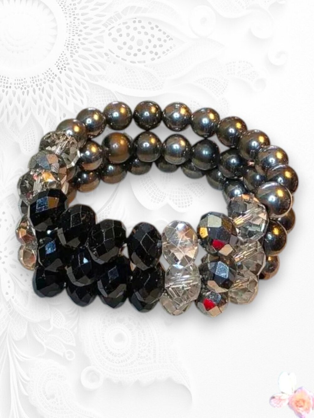 Sparkle Black Gray and Silver Crystal Beaded Bracelet – Chunky 3 Row – 481